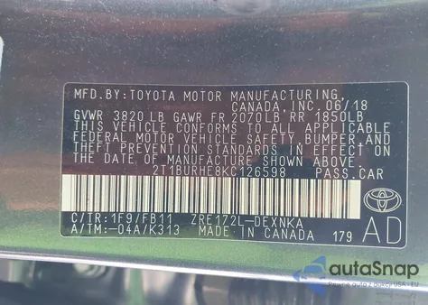 2019 Toyota Corolla Le z USA, uszkodzony, nr VIN 2T1BURHE8KC126598